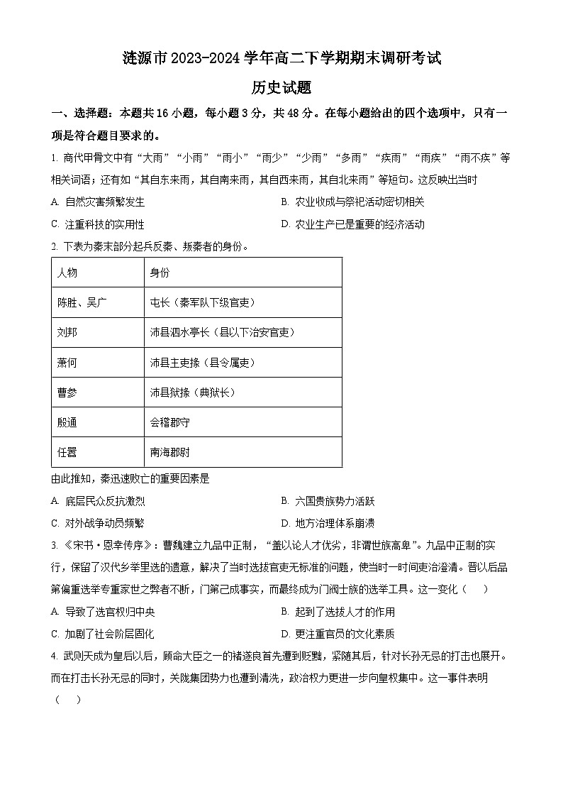 湖南省涟源市2023-2024学年高二下学期期末调研考试历史试卷（Word版附解析）01