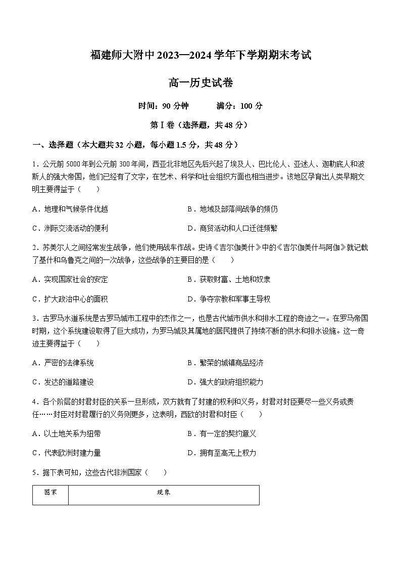 福建省福建师范大学附属中学2023-2024学年高一下学期期末考试历史试题（含答案）第1页