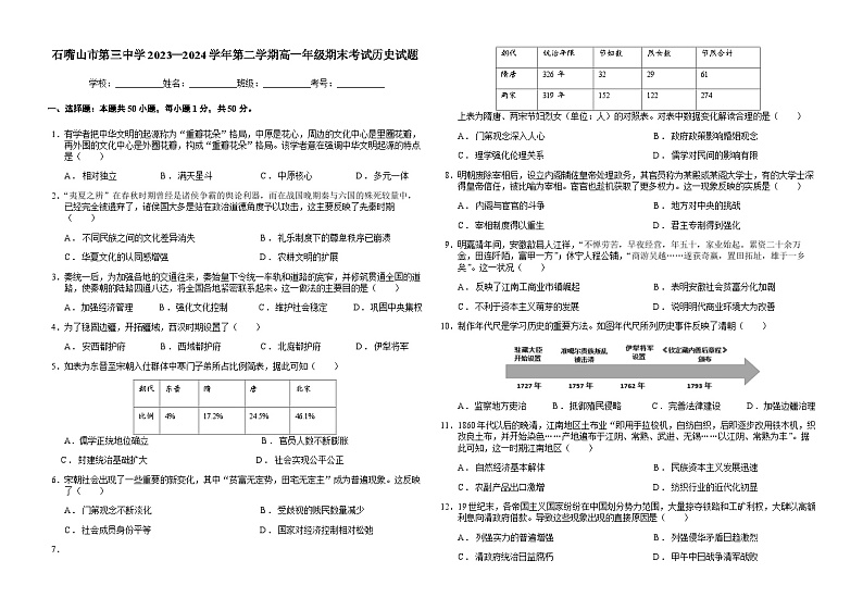 宁夏石嘴山市第三中学2023-2024学年高一下学期7月期末考试历史试题(含答案)01