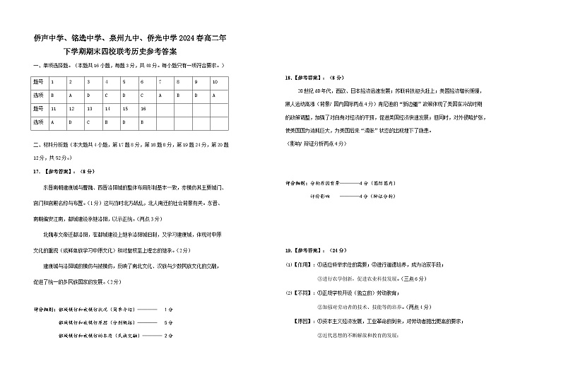 福建省泉州市侨声中学、铭选中学、泉州九中、侨光中学2023-2024学年高二下学期期末联考历史试题（含答案）01