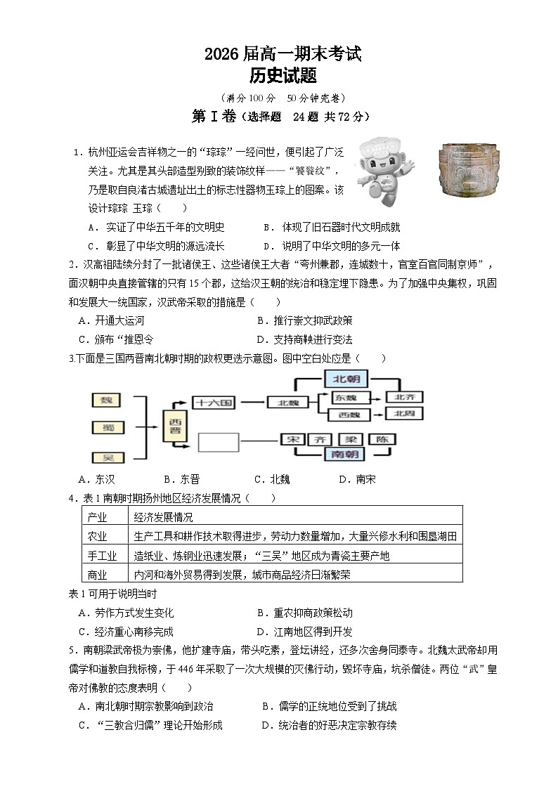 +四川省仁寿第一中学校南校区2023-2024学年高一下学期7月期末考试历史试题01