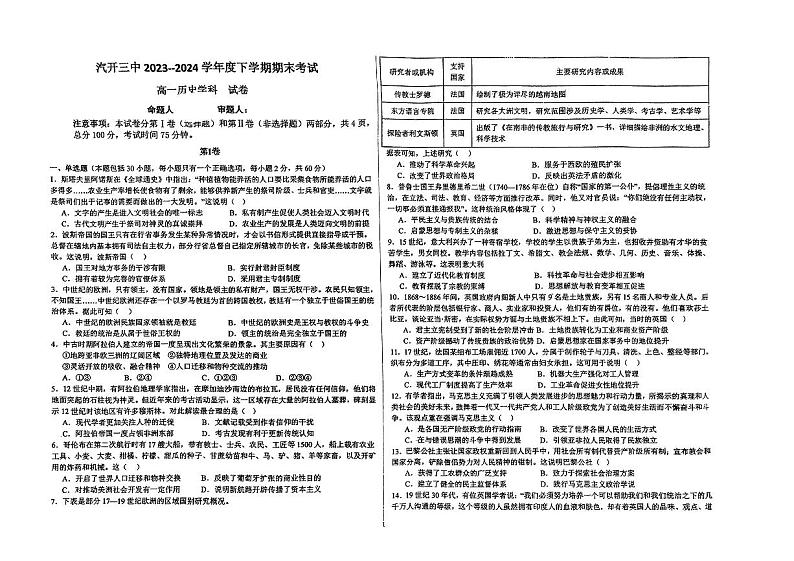 吉林省长春汽车经济技术开发区第三中学2023-2024学年高一下学期期末考试历史试题01