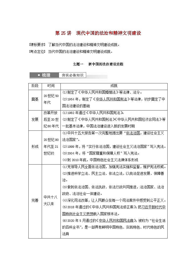 2024届部编高考历史一轮复习学案第九单元改革开放与社会主义现代化建设新时期第25讲现代中国的法治和精神文明建设01