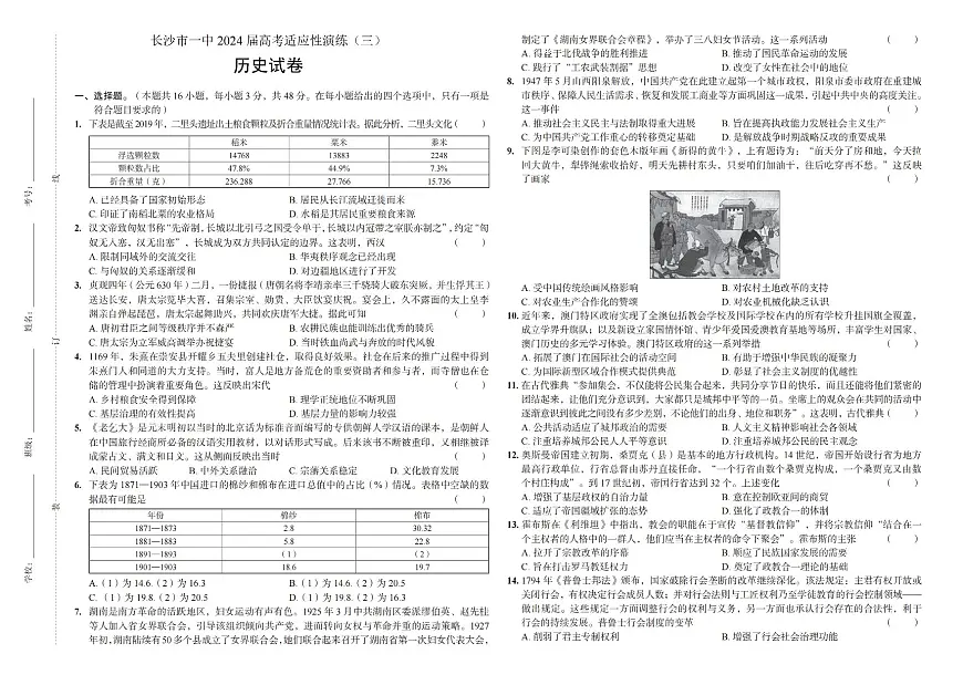 历史-湖南省长沙市第一中学2024届高三下学期高考适应性演练(三）试题和答案第1页