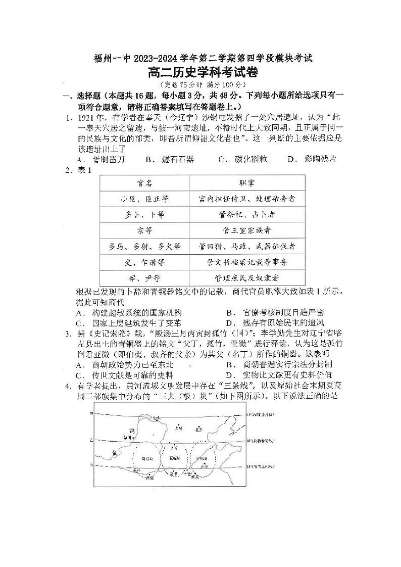 福建省福州第一中学2023-2024学年高二下学期期末考试历史试题01