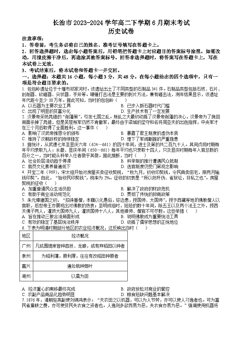 山西省长治市2023-2024学年高二下学期6月期末考试 历史试题 Word版含答案01