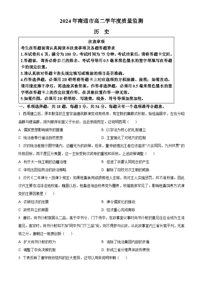 江苏省南通市2023-2024学年高二下学期6月期末考试历史试卷（Word版附解析）01