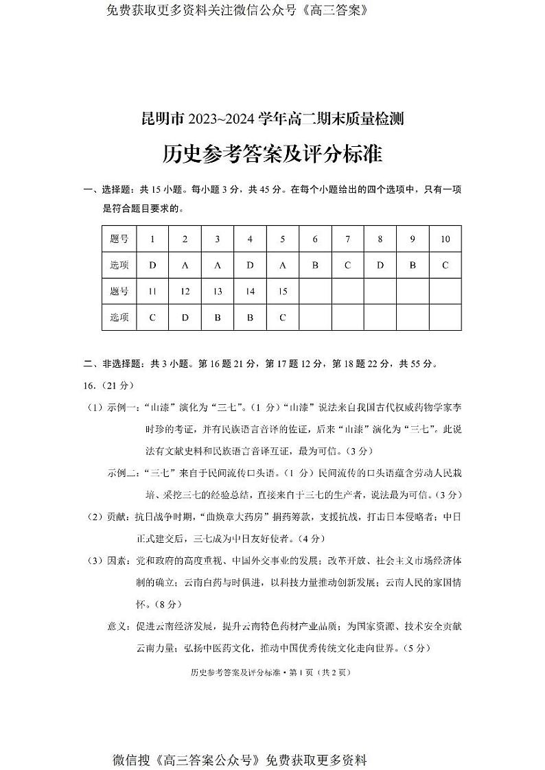 历史答案+昆明市高二市统考2024(1)第1页