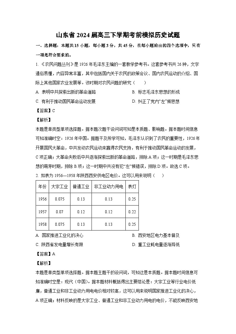 [历史]山东省2024届高三下学期考前模拟试题(解析版)第1页