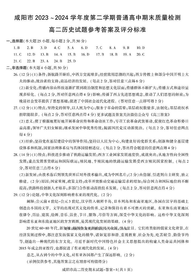 陕西省咸阳市2023-2024学年高二下学期期末考试历史试题01