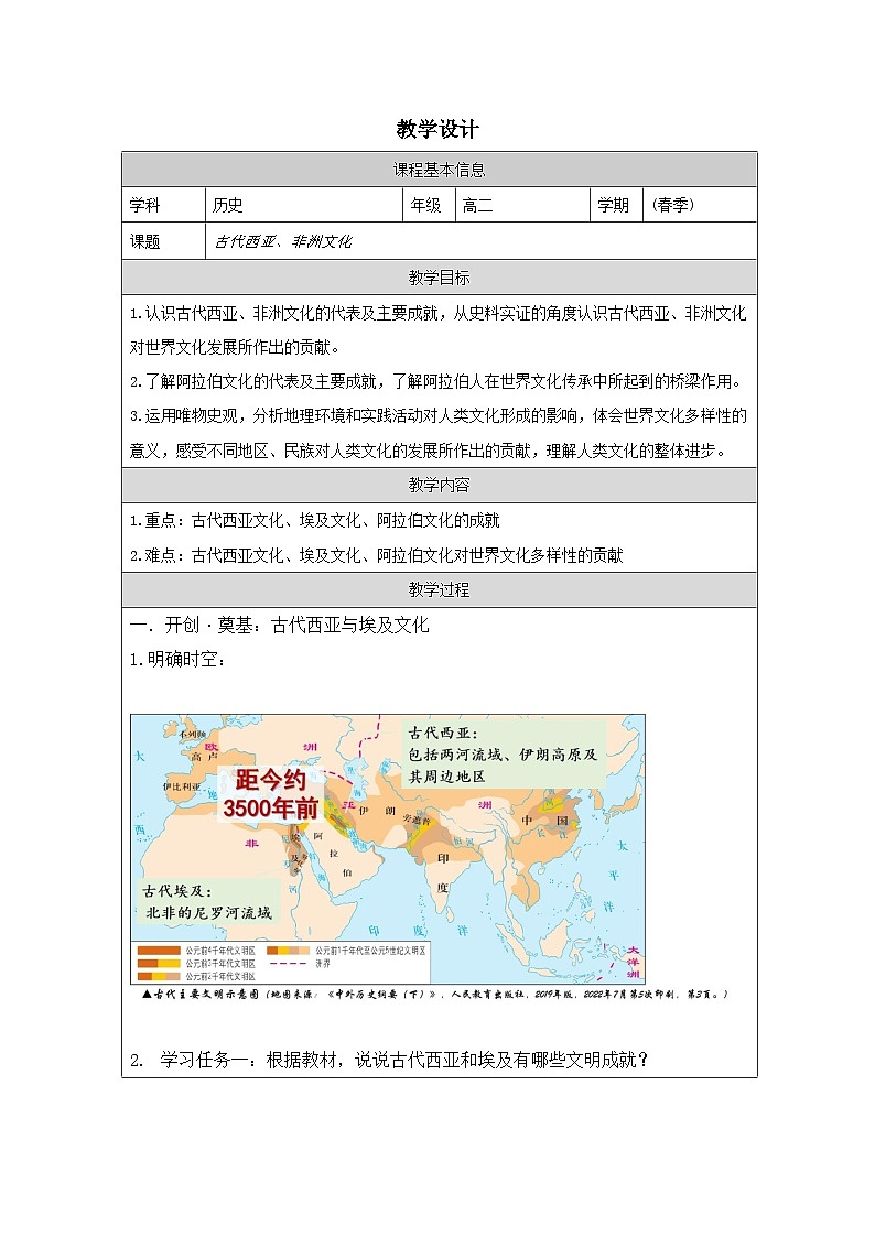 第3课 古代西亚、非洲文化-教学设计（表格式）2024-2025学年高二历史统编版（2019）选择性必修301