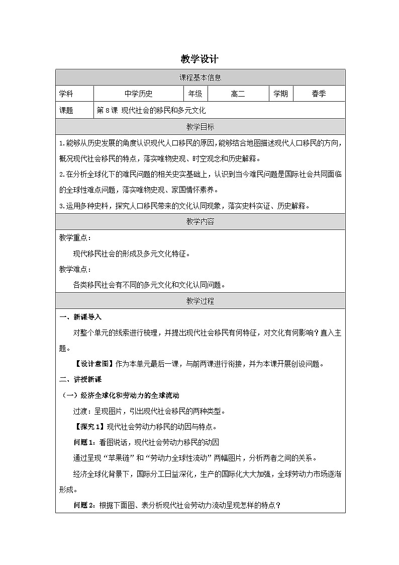 第8课 现代社会的移民和多元文化-教学设计（表格式）2024-2025学年高二历史统编版（2019）选择性必修301