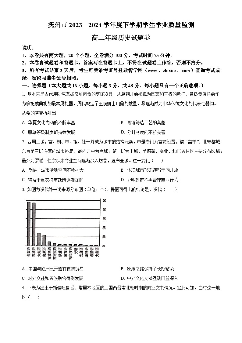 江西省抚州市2023-2024学年高二下学期期末考试历史试卷（Word版附解析）01