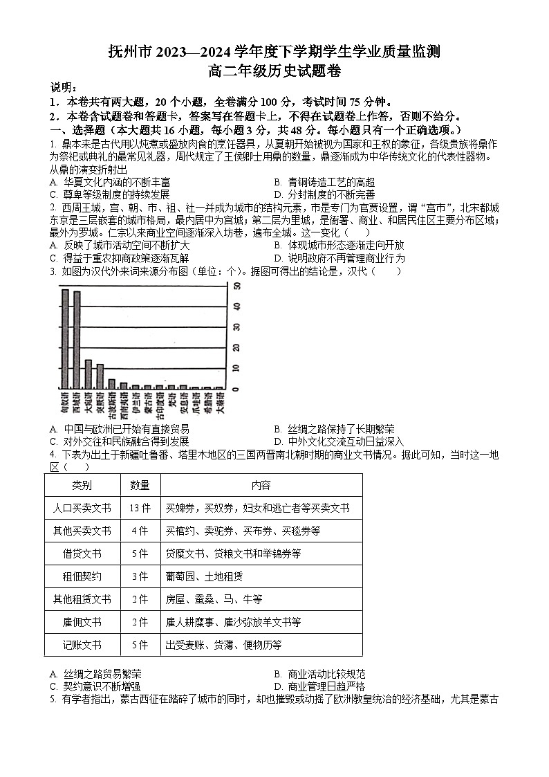 江西省抚州市2023-2024学年高二下学期期末考试 历史试题 Word版含答案01