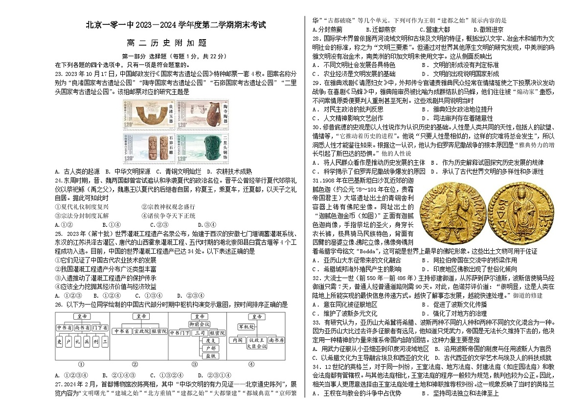 2023-2024年第二学期期末考试高二历史（附加题试题）6.28第1页