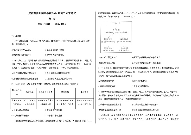 山东省泰安市肥城海亮外国语学校2023-2024学年高二下学期期末考试历史试卷（含答案）01