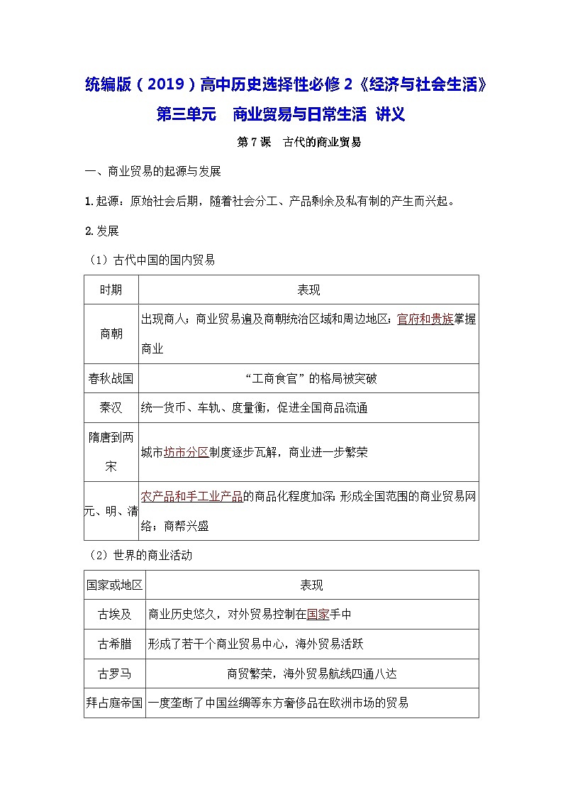 统编版（2019）高中历史选择性必修2《经济与社会生活》第三单元　商业贸易与日常生活 讲义第1页
