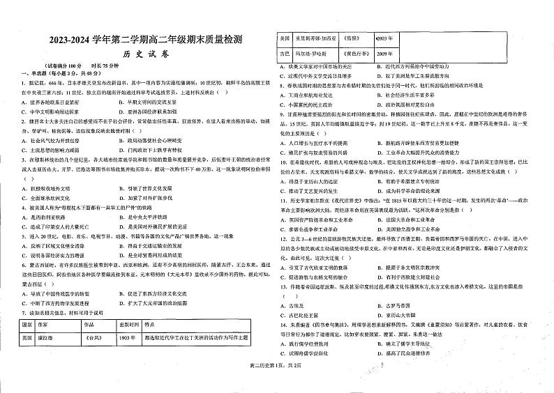 安徽省芜湖顶峰艺术高级中学2023-2024学年高二下学期期末考试历史试题第1页