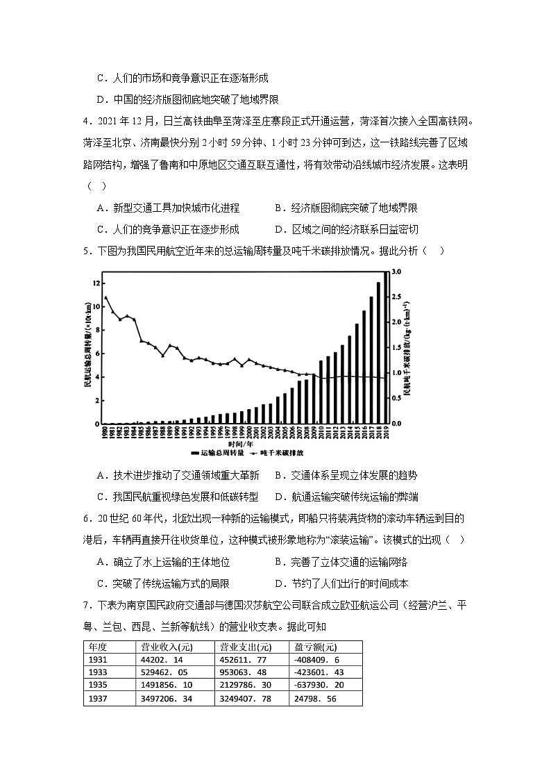 第13课现代交通运输的新变化基础练习  统编版（2019）高中历史选择性必修202