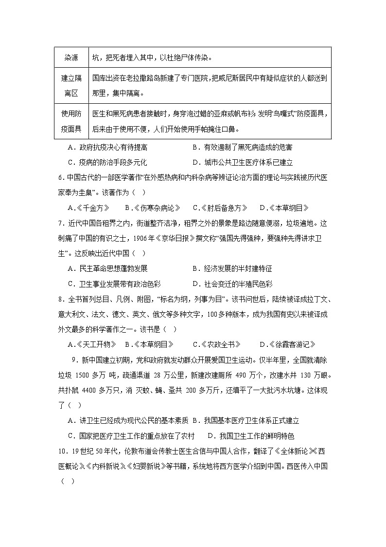 第六单元医疗与公共卫生基础练习  统编版（2019）高中历史选择性必修202