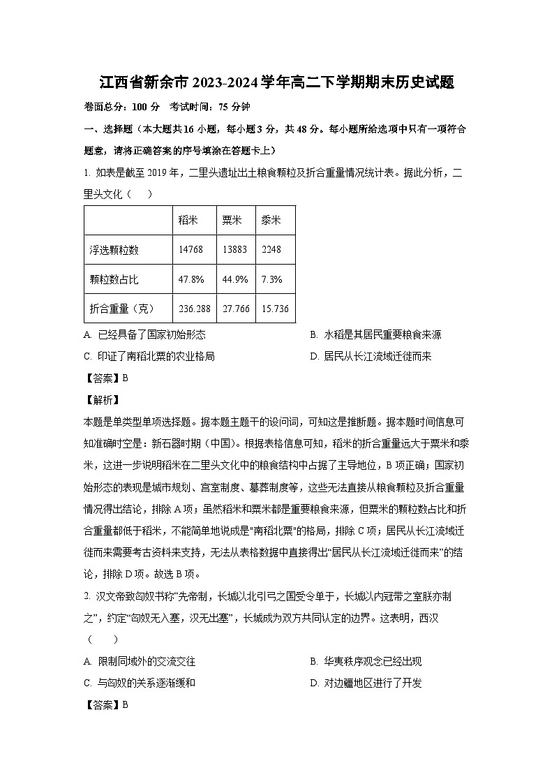 [历史][期末]江西省新余市2023-2024学年高二下学期期末试题(解析版)01