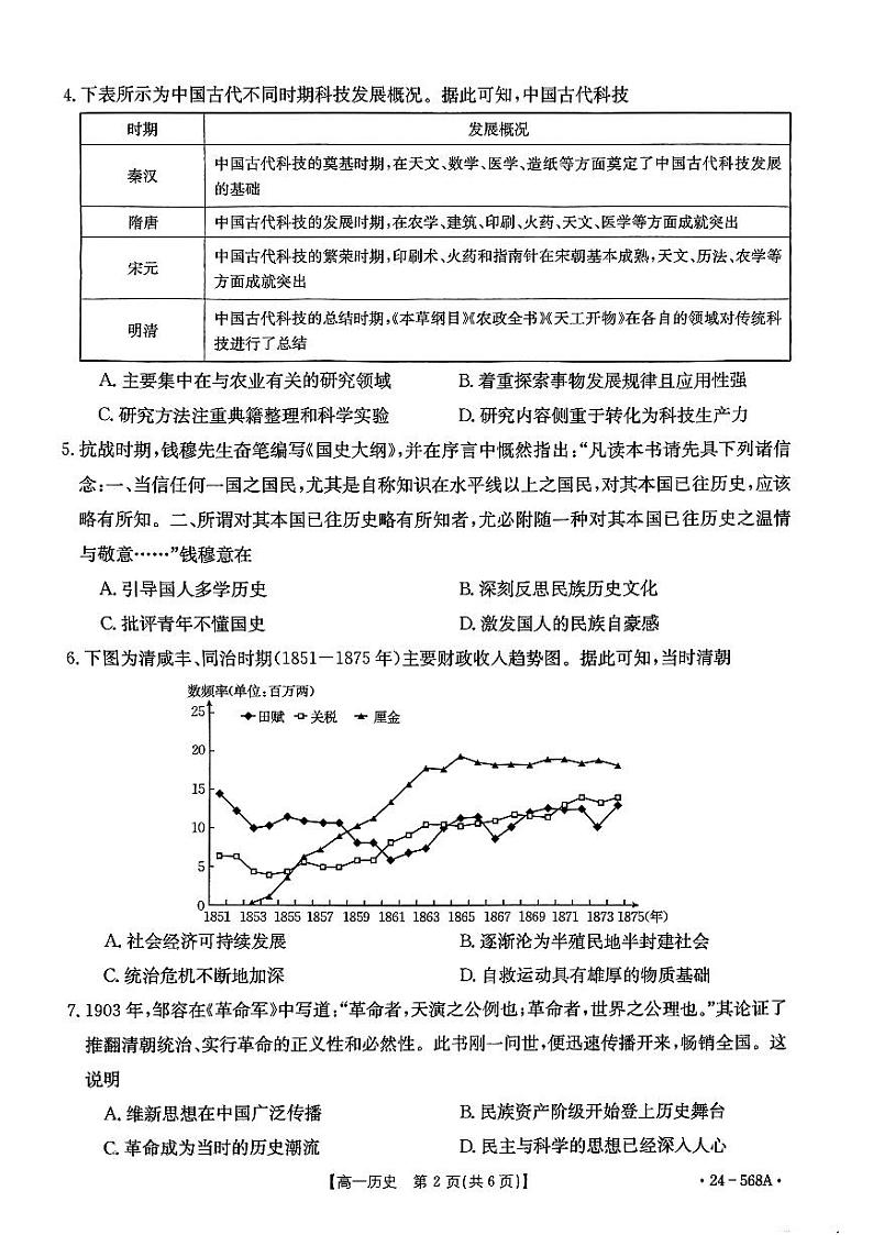 历史-安徽省阜阳市2023-2024学年高一下学期期末考试(金太阳568A)【含答案】第2页