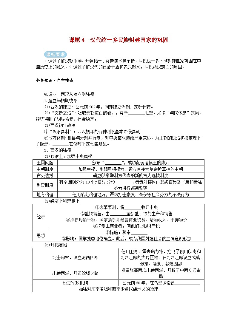 2025版高考历史全程一轮复习学案 版块一中国古代史 课题4汉代统一多民族封建国家的巩固01
