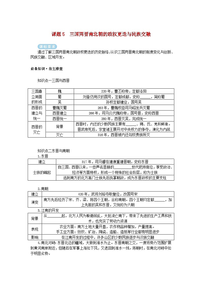 2025版高考历史全程一轮复习学案 版块一中国古代史 课题5三国两晋南北朝的政权更迭与民族交融第1页