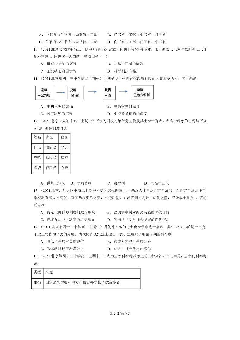 [历史]2021～2023北京重点校高二上学期期中历史真题分类汇编：隋唐制度的变化与创新03