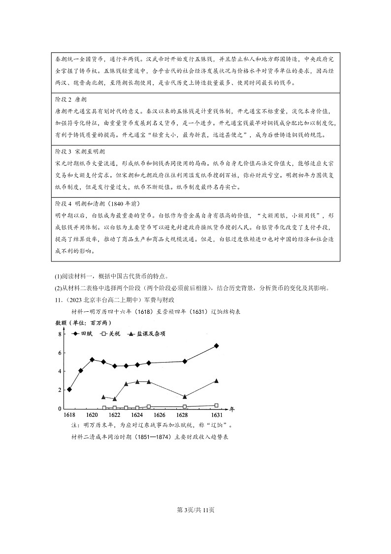 [历史]2021～2023北京重点校高二上学期期中历史真题分类汇编：货币与赋税制度章节综合03