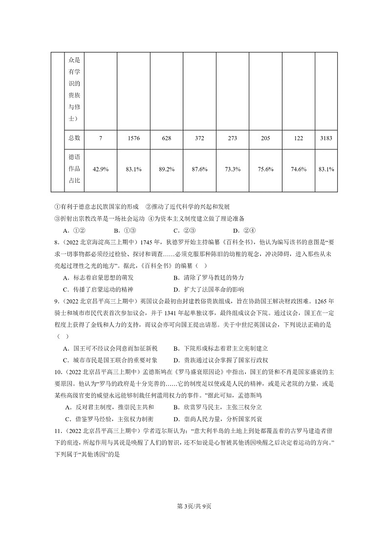 [历史]2021～2023北京重点校高三上学期历史真题分类汇编：资本主义制度的确立章节综合第3页