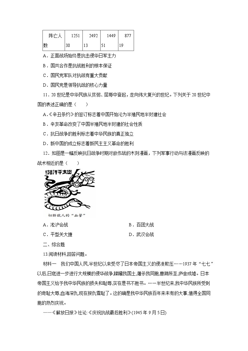 第8单元 中华民族的抗日战争和人民解放战争 测试卷（含答案）--2024-2025学年高一上学期统编版（2019）必修中外历史纲要上03