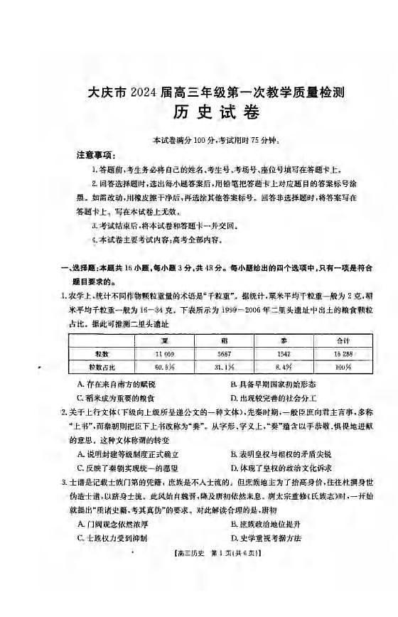 _历史｜黑龙江省大庆2024届高三第一次教学质量检测历史试卷及答案01