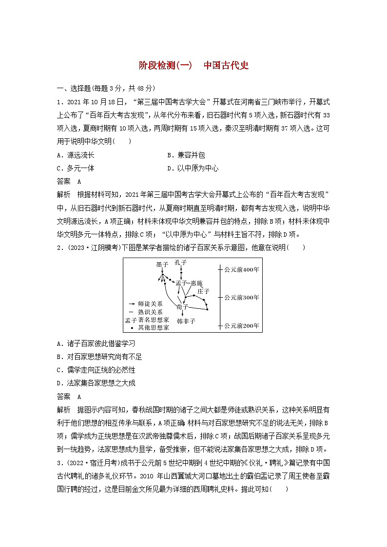 江苏专用新教材2024届高考历史一轮复习教案板块一中国古代史阶段检测一中国古代史01
