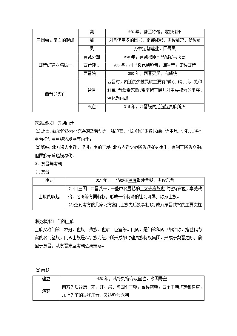 江苏专用新教材2024届高考历史一轮复习教案板块一中国古代史第二单元第5讲三国两晋南北朝的政权更迭与民族交融02