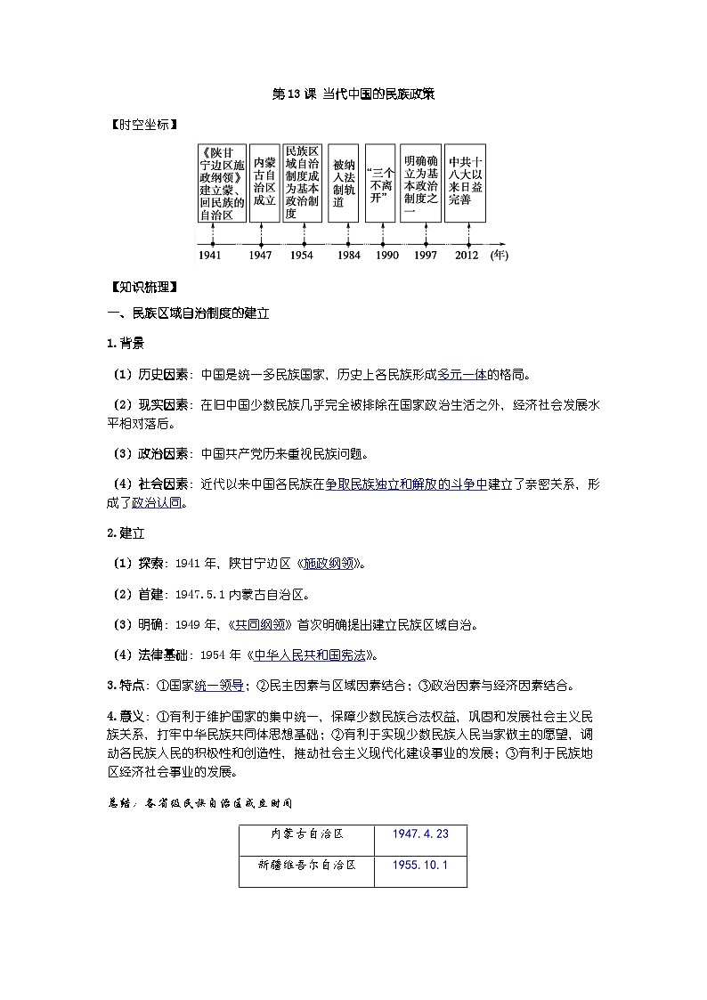 高中历史选必一第4单元第13课 当代中国的民族政策-导学案01
