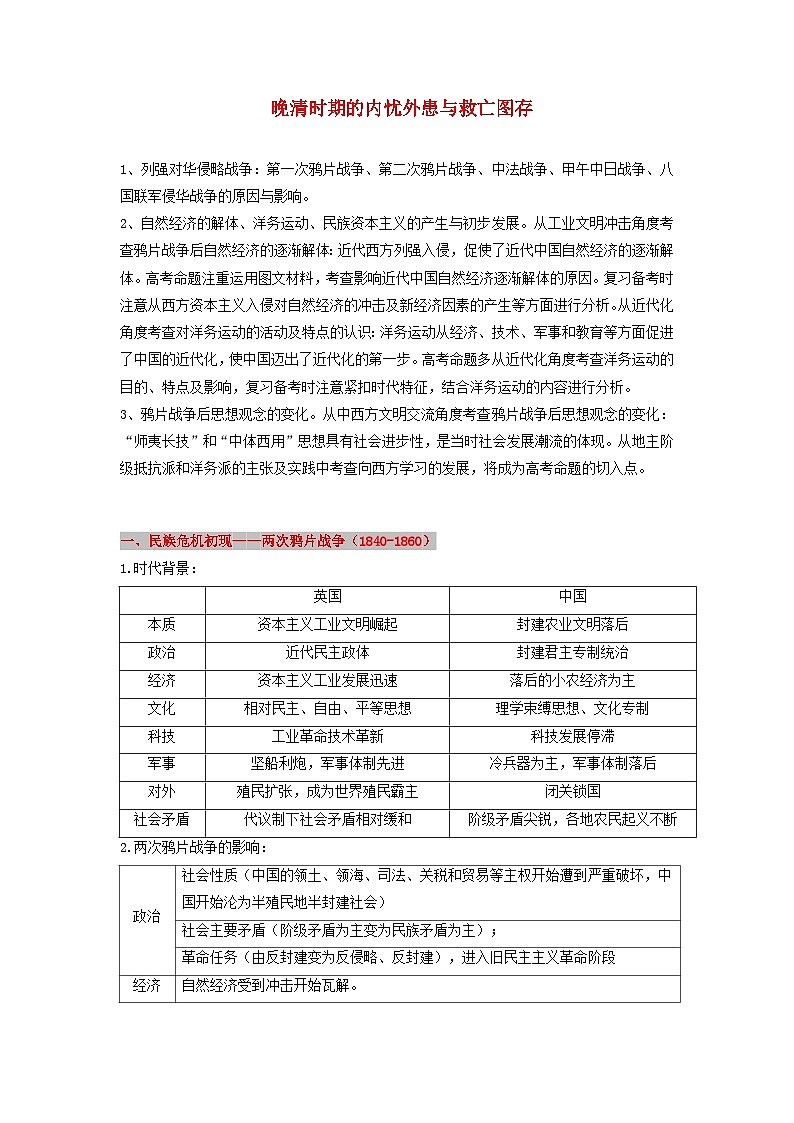 高考历史三轮复习晚清时期的内忧外患与救亡图存讲义01