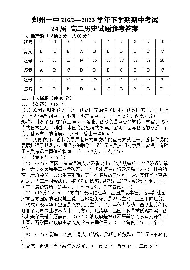 河南省郑州市第一中学2022-2023学年高二下学期期中考试历史试题（含答案）01