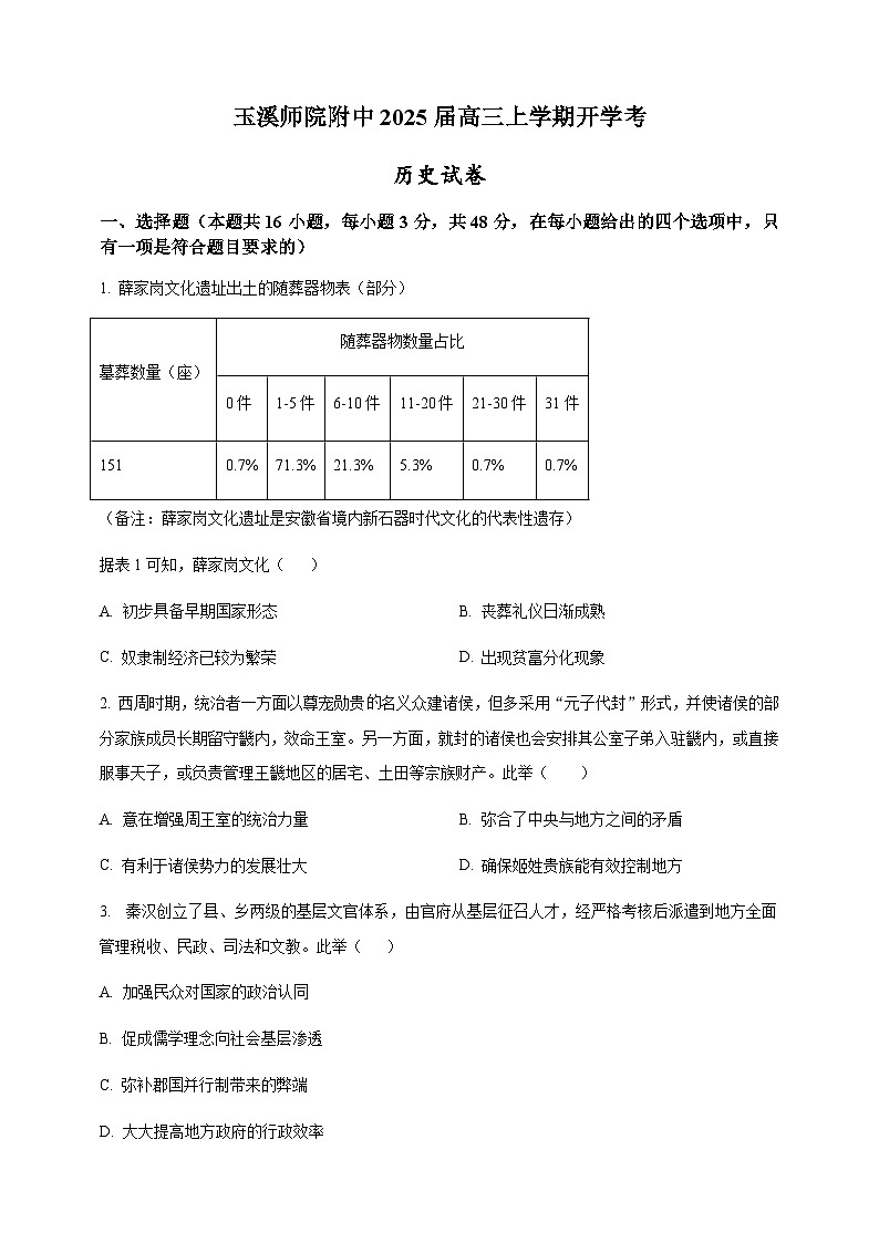 云南省玉溪师范学院附属中学2024-2025学年高三上学期开学检测历史试卷01