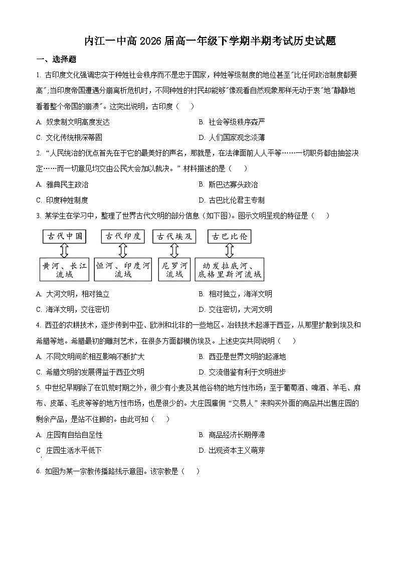四川省内江市第一中学2023-2024学年高一下学期期中历史试卷（Word版附解析）01
