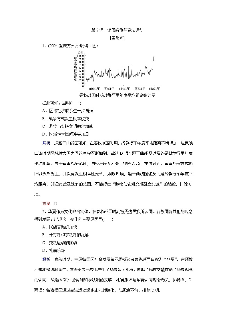 第2课　诸侯纷争与变法运动训练题（含解析） 2024-2025学年高一历史部编版中外历史纲要（上）01