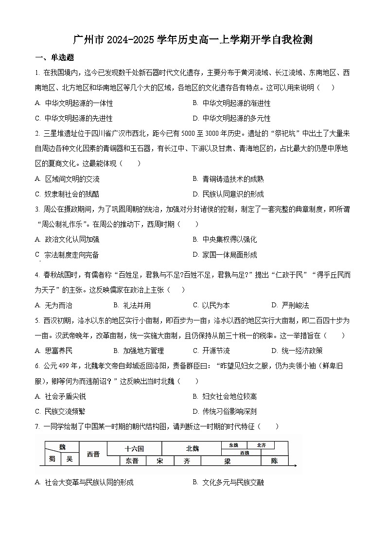 广东省广州市2024-2025学年高一上学期开学自我检测历史试题（原卷版+解析版）01