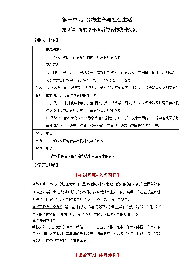 【新课标】2《新航路开辟后的食物物种交流》课件+教案+导学案+分层作业01