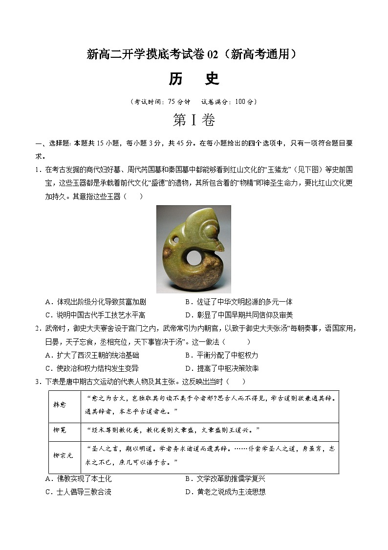 【开学考】2024秋高二上册历史开学摸底考试卷历史（新高考通用02，15+4模式）.zip01