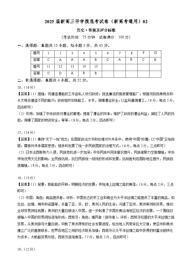 历史（新高考通用）02（答案及评分标准）第1页
