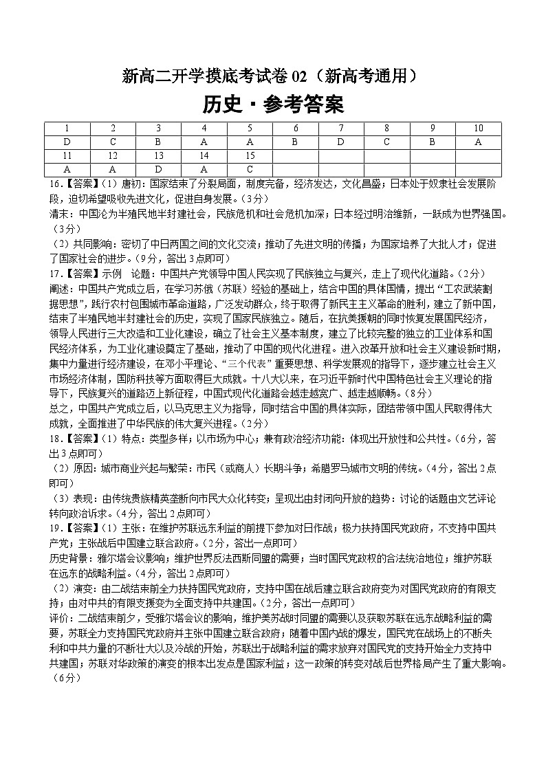 历史（新高考通用02，15+4模式）（参考答案） 第1页