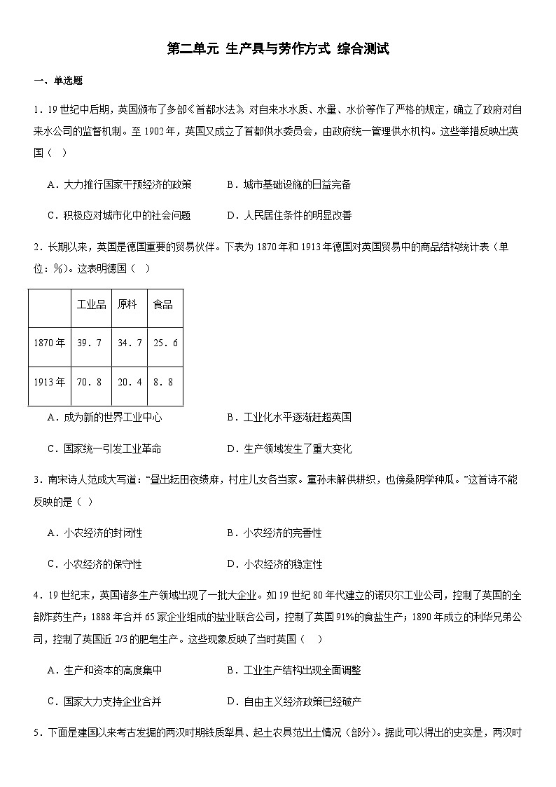 第2单元 生产具与劳作方式 综合测试(含答案)--2024-2025学年高中历史统编版（2019）选择性必修二01