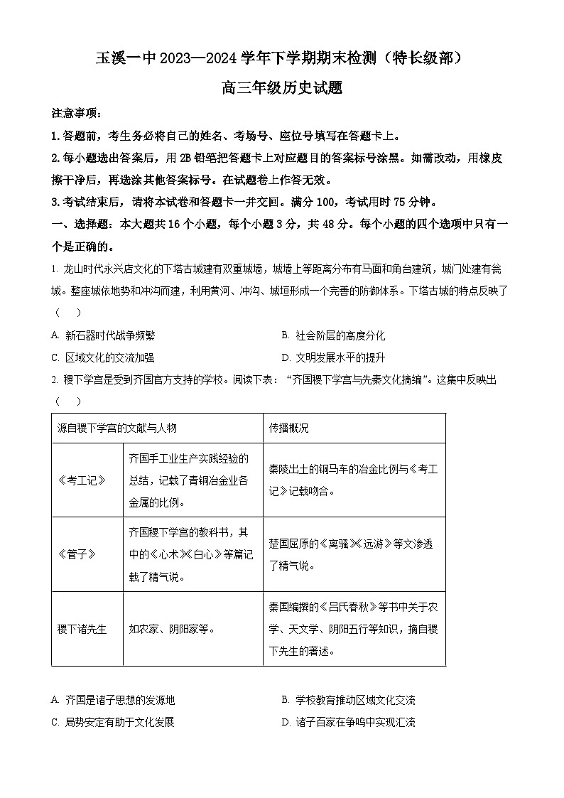 云南省玉溪市第一中学（特长级部）2023-2024学年高三下学期7月期末考试历史试题（Word版附解析）01