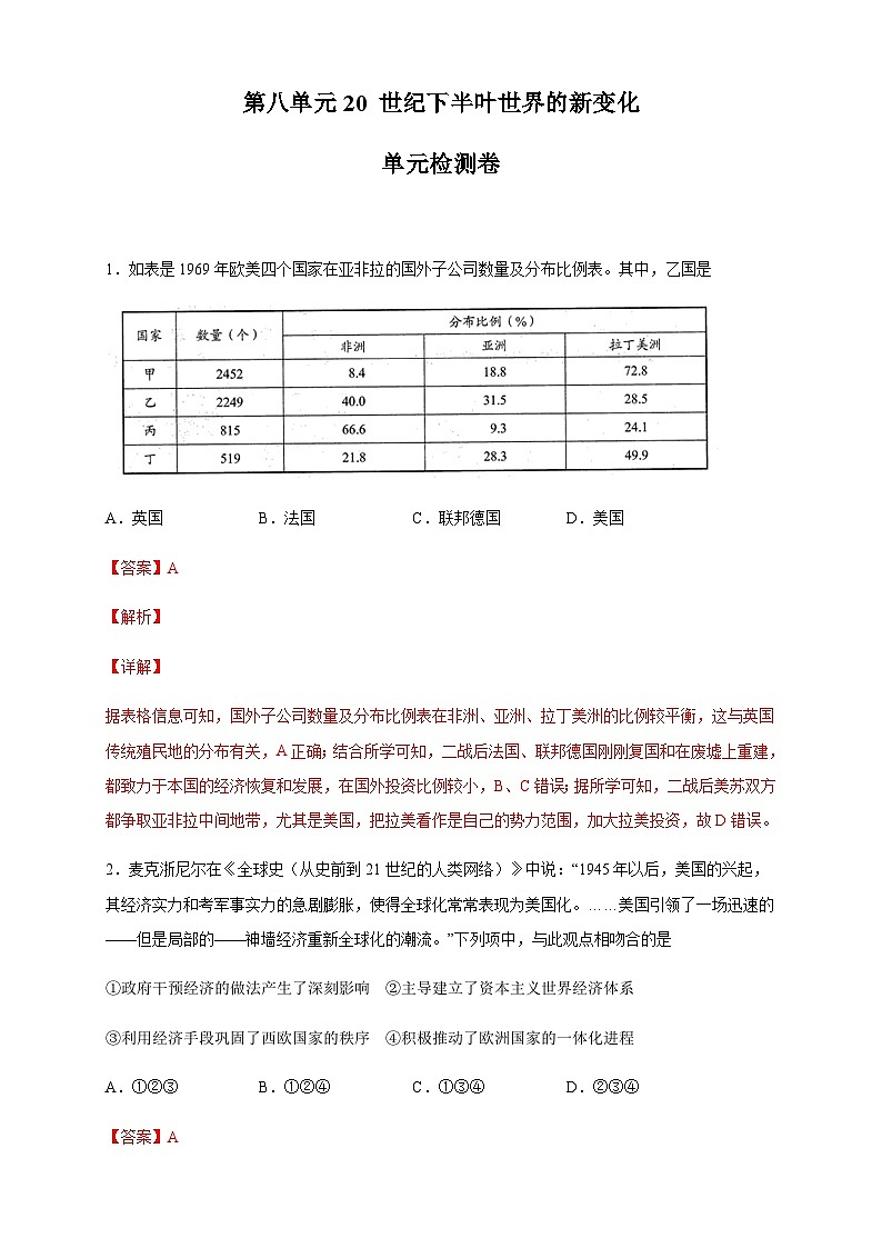 新人教高中历史必修下同步练习第8单元 综合测试（2）01