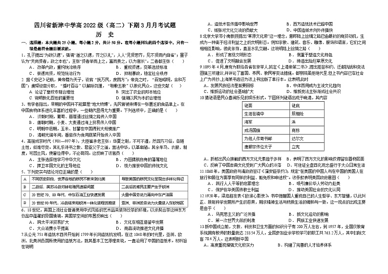 四川省新津中学2023-2024学年高二下学期3月月考历史试题01